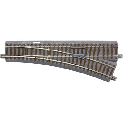 Model track section with a point: one track curves to the left, the other branches to the right. Rustic wood effect.