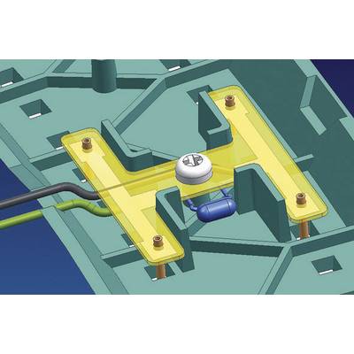 Technical drawing of an electrical connection on a printed circuit board with a screw, cables, and a blue capacitor.