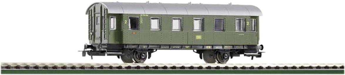 Green model train carriage displayed on a track, side view. It shows details of the windows, doors, and wheels.