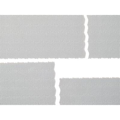 Grey fabric with small, repeating patterns and irregularly jagged edges reminiscent of torn paper.