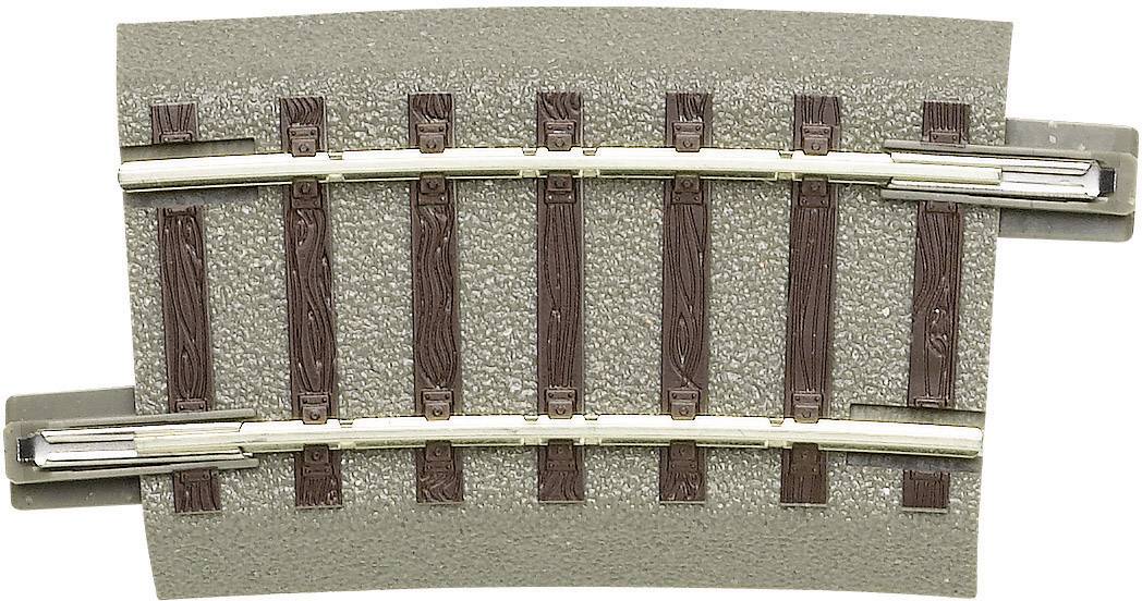 A short model railway track piece with six brown sleepers on a grey base, in a slightly curved section.
