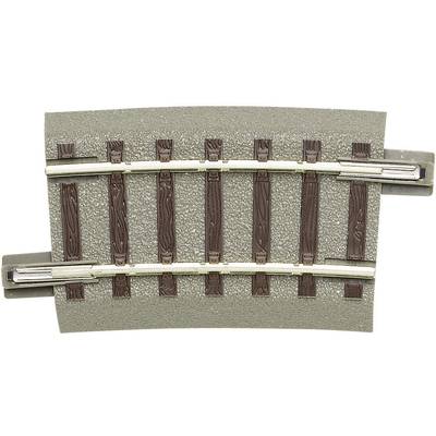 A short model railway track piece with six brown sleepers on a grey base, in a slightly curved section.