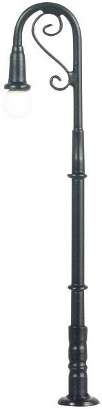 Black, ornate metal garden lantern with a curved post and a light bulb at the end, suitable for outdoor lighting.