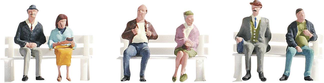Miniature figures of people sit on four white benches. Four couples are depicted: two men, a man and a woman sit in different poses.