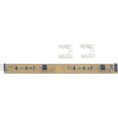 'Shown is a long, narrow electronic circuit board with various electronic components and two plastic mountings.'