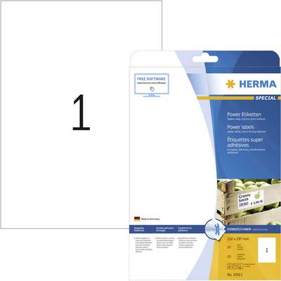 The image shows a package of HERMA labels in A4 size, 220 x 297 mm, with the inscription 'Power Labels' and 'Made in Germany'.