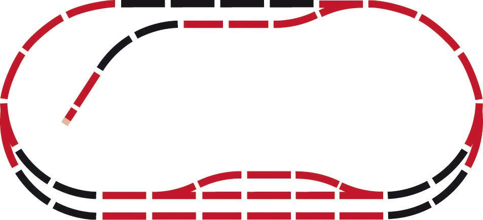 A schematic diagram of a racetrack in an oval shape, with a red and black line configuration representing the racing lanes.