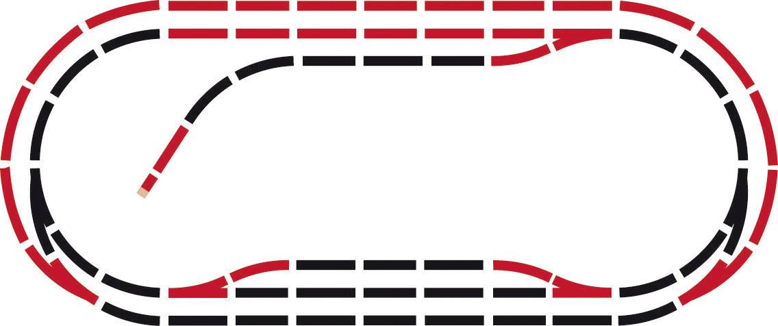 Racecourse track in an oval shape with a diverging section, marked by red and black lines, showing directional changes.