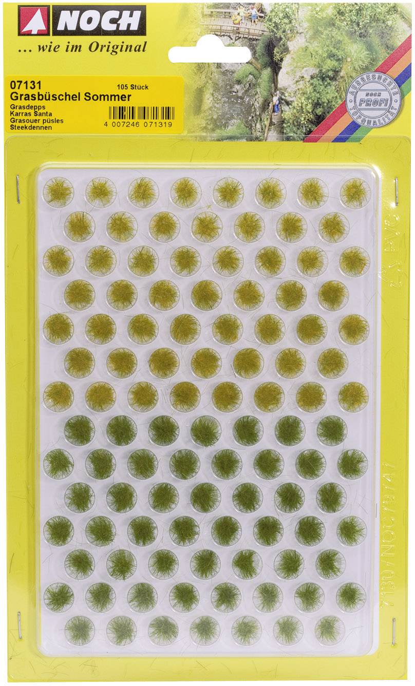 A packet of 'Noch' grass tufts in summer colours. Contains 105 pieces in various green shades, suitable for model-making.