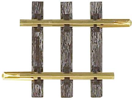 A short piece of model railway track with three dark wooden sleepers and two parallel golden rails.