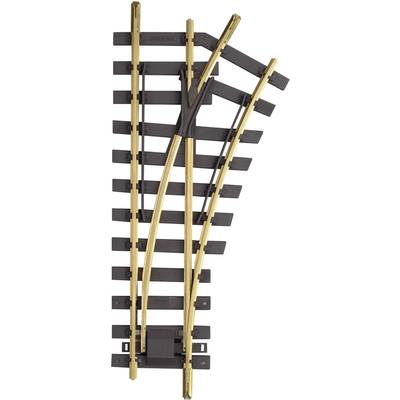 A model railway point with metal rails and plastic sleepers. A track divergence element for model trains.