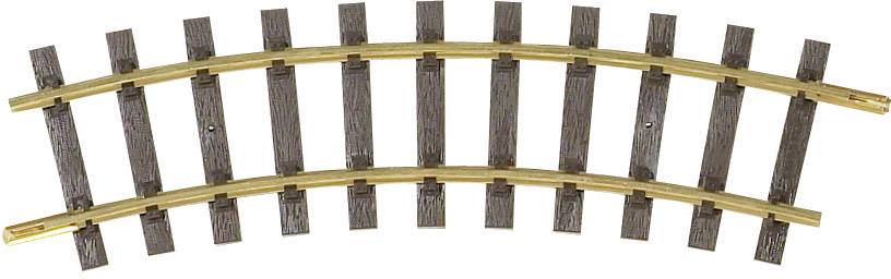 Curved model railway track with wooden sleepers and metal rails, typical for model railways at a scale of 1:87 (HO gauge).