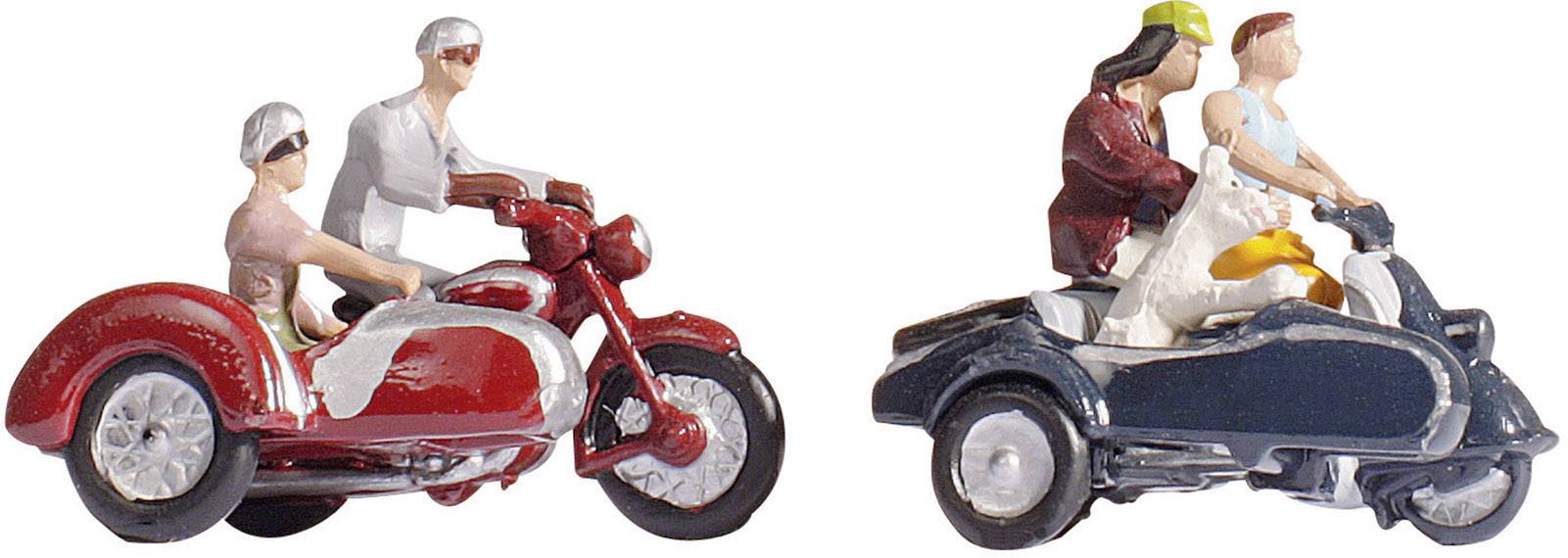 Two toy figure pairs are each riding on a motorcycle with a sidecar. The left sidecar is red, the right one black.