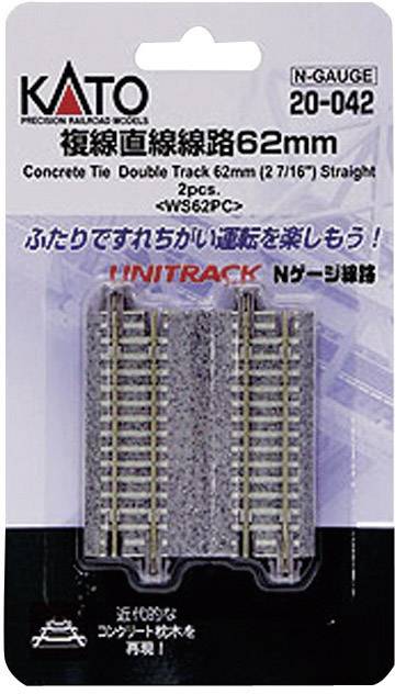 Packaging of model railway track, specifically double track, 62 mm long, two pieces. Brand: Kato, N gauge.
