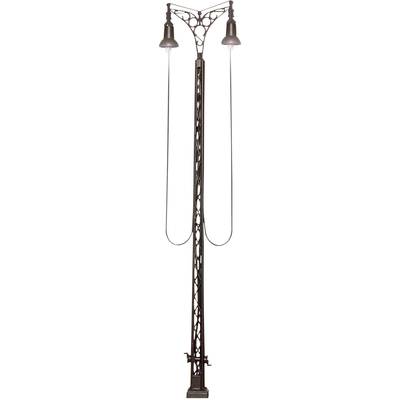 Decorative street lamp with two lights and a curved design. Classic appearance, suitable for urban environments.
