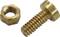 A golden screw and nut made of metal, lying side by side on a white background.