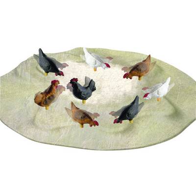 Several chickens are standing in a circle on the meadow. There are brown, black and white chickens. They appear to be a figurine set.