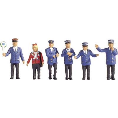 Six model figures in railway uniforms, one woman and five men. They are wearing different blue uniforms and are posing.