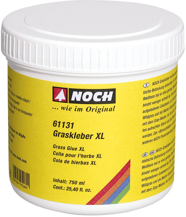 A yellow container with a white lid, with 'NOCH Grass Adhesive XL' written in multiple languages. Contents: 750 ml, 25.40 fl oz.