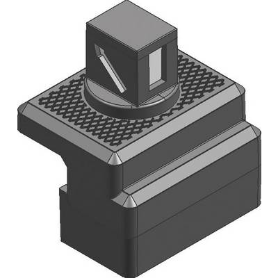 A 3D model of a metallic machine part with a square tip and a ribbed platform, possibly a tool attachment.