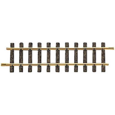 A piece of railway track with brown wooden sleepers and golden rails.