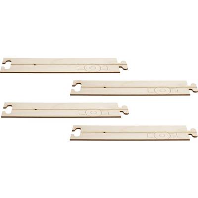 Four flat wooden battens with rounded notches at the ends for connecting. Each batten has a circular pattern.