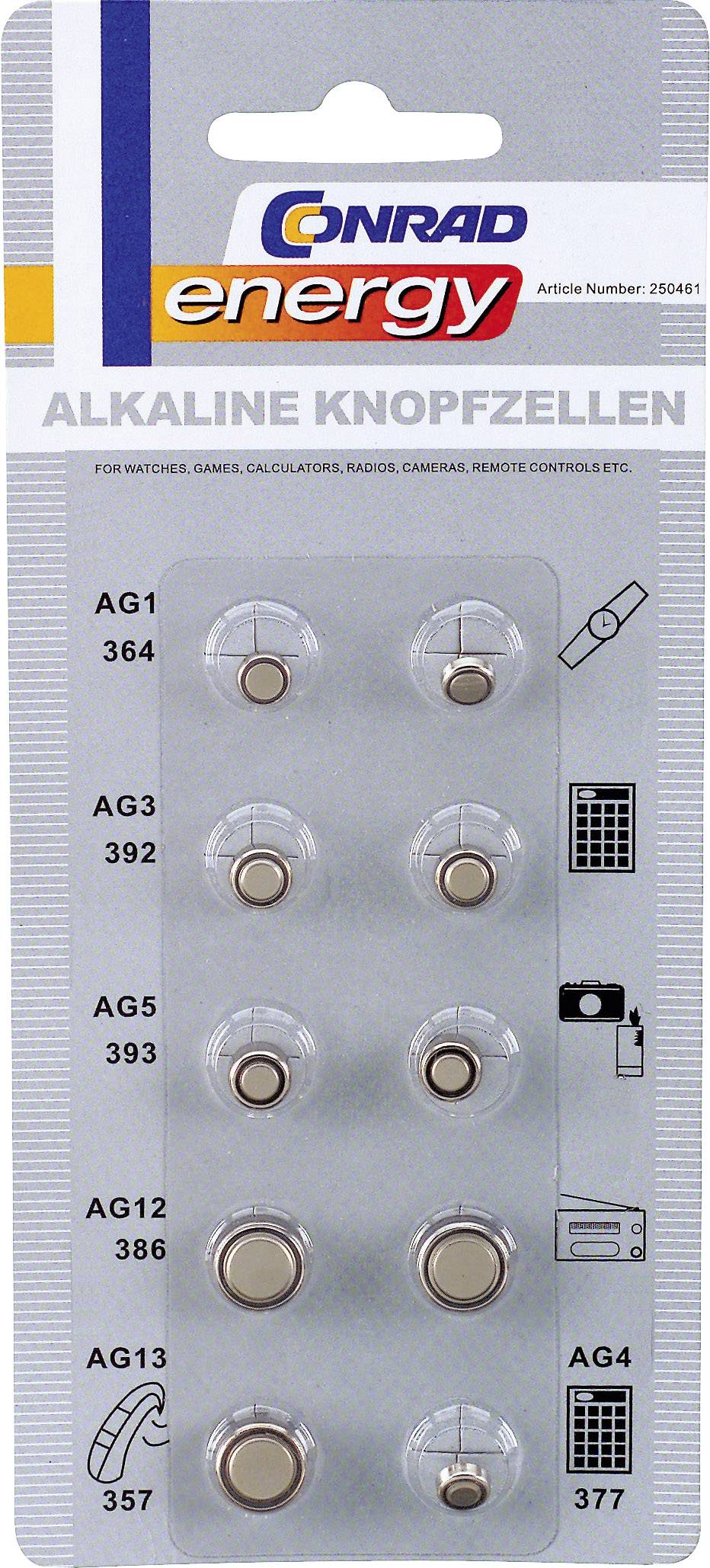 Conrad energy Button cell set 2 x AG1 (6.8 x 2.1 mm), 2 x AG3 (7.9 x 3.6 mm), 2 x AG5 (7.9 x 5.5 mm), 2 x AG12 (11.6 x 4-1