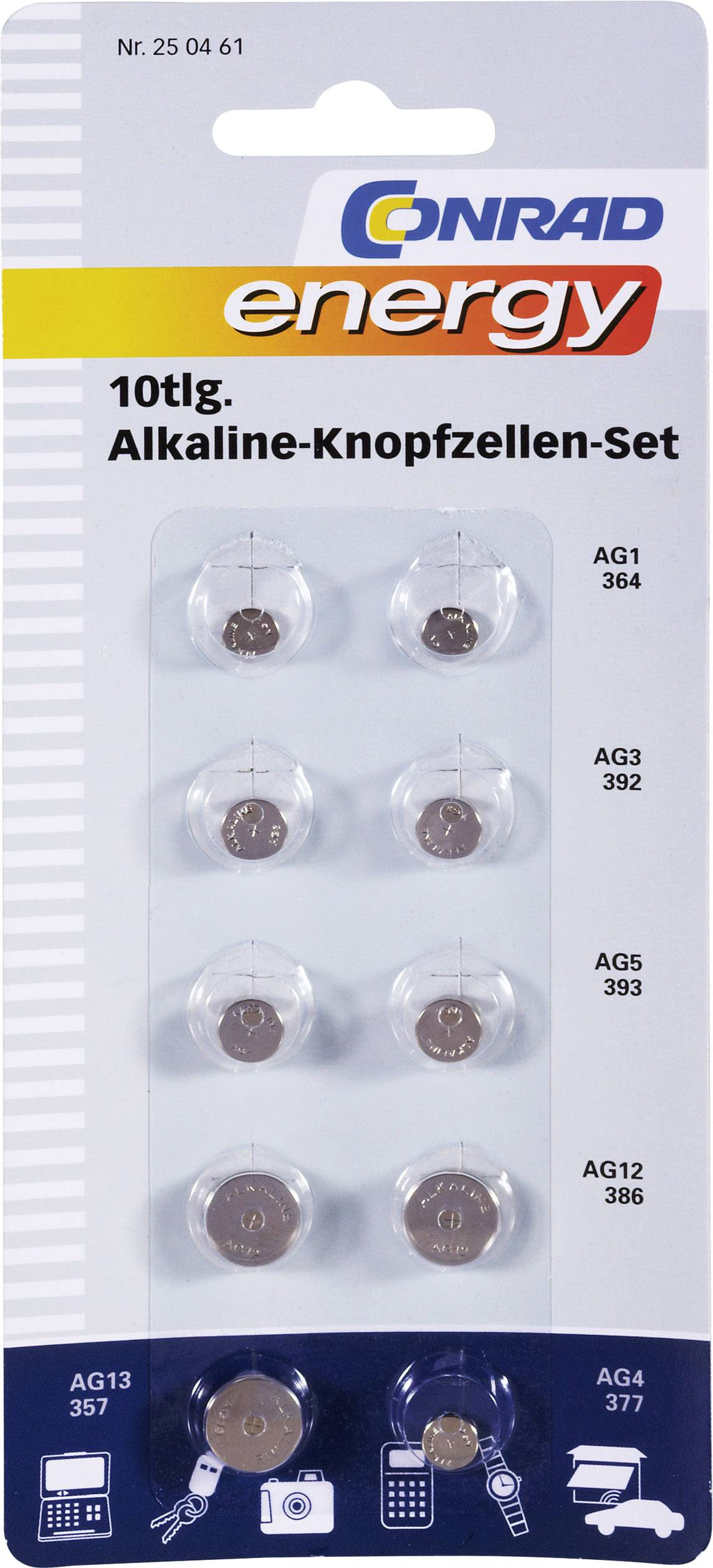 Conrad energy Button cell set 2 x AG1 (6.8 x 2.1 mm), 2 x AG3 (7.9 x 3.6 mm), 2 x AG5 (7.9 x 5.5 mm), 2 x AG12 (11.6 x 4-0