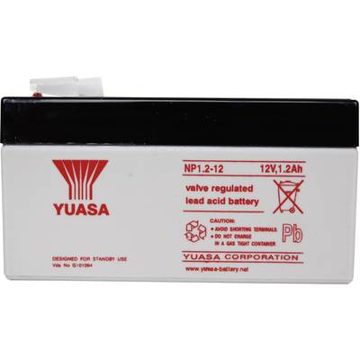 'YUASA' battery, model NP1.2-12, 12V, 1.2Ah. Note on valve-regulated lead-acid battery. Warnings: Do not short-circuit terminals, do not throw into fire.