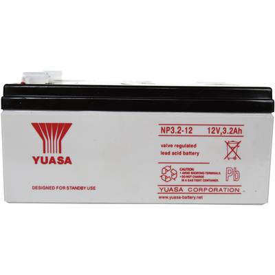 Yuasa battery, type NP3.2-12, with 12V and 3.2Ah. Designed for standby use, with handling safety warnings.