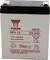 Battery with 'YUASA NP4-12' marking, 12V, 4Ah, valve-regulated, lead-acid. Developed for standby use, warning notes below.