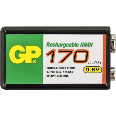 'GP rechargeable NiMH battery, 170 mAh, 9.6V. Short-circuit protected, suitable for 9V applications.'