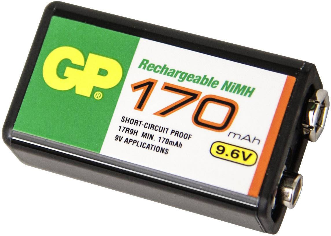 Rechargeable 9V battery, 170mAh, suitable for devices, short-circuit protected, GP brand, featuring NiMH technology.