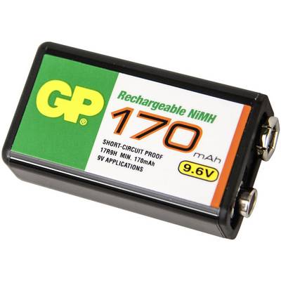 Rechargeable 9V battery, 170mAh, suitable for devices, short-circuit protected, GP brand, featuring NiMH technology.