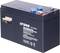 A rectangular, black battery by Conrad Energy, model number CP1290, 12V, 9Ah. Two connectors on top, red and blue.