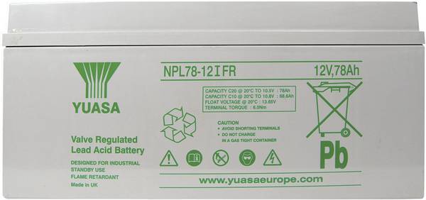 Yuasa NPL78-12 YUANPL78-12IFR VRLA 12 V 78 Ah AGM (W x H x D) 380 x 174 x 166 mm M8 connector Maintenance-free