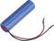Blue cylindrical battery with two protruding cables, one red and one black, on a white background.