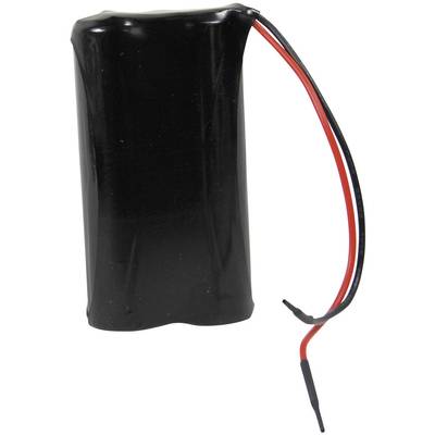 A black battery cell with two protruding wires in red and black.