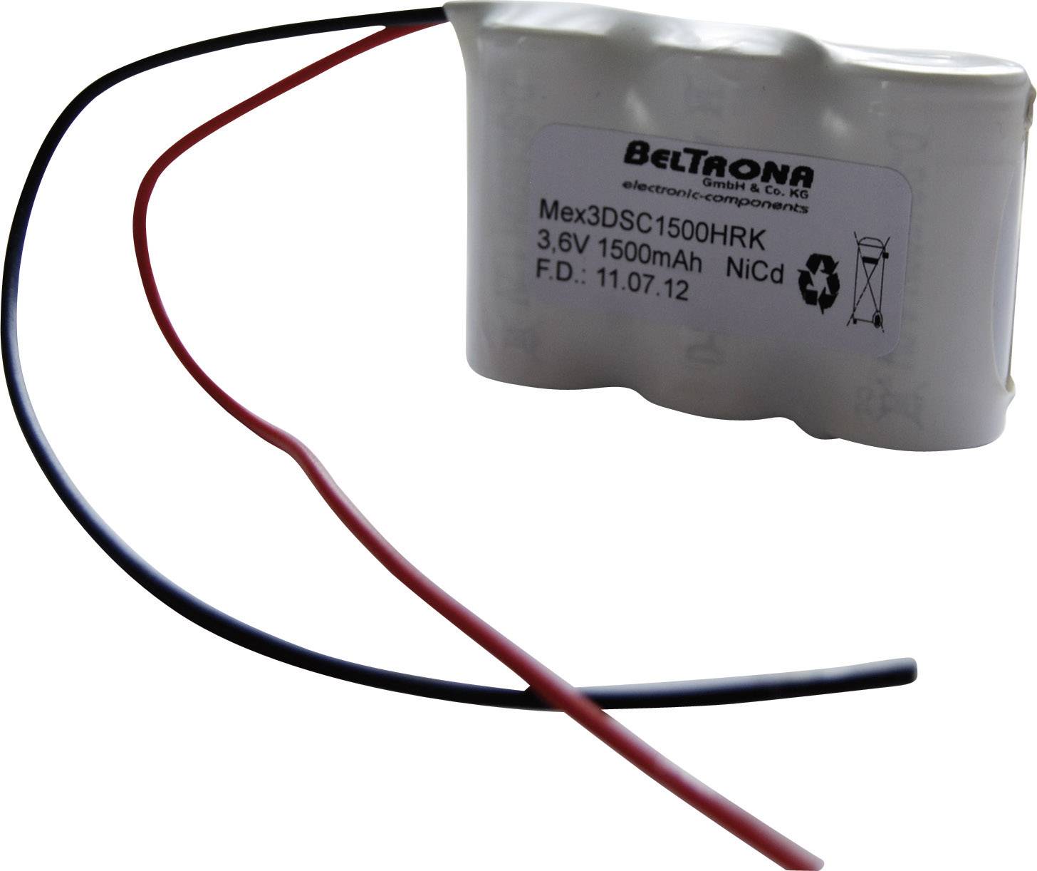 A white battery with two wires, one red and one black. It is labelled 'Beltrona 3.6V 1500mAh NiCd'.