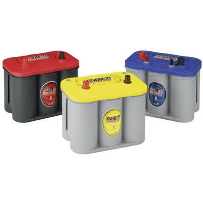 Three car batteries side by side: left red, centre yellow, right blue. Each battery has two terminals on top and the 'Optima Batteries' logo.