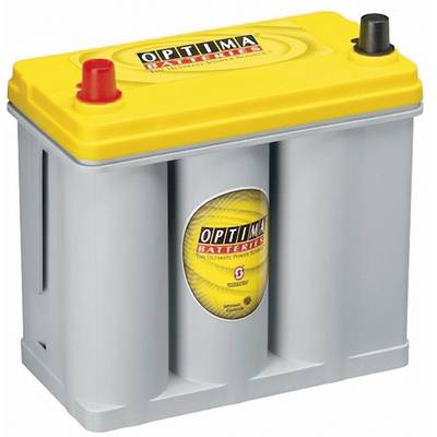 Car battery with a yellow lid, red and black terminals, with the brand name 'Optima Batteries' on the front.