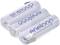 'Three white eneloop AA rechargeable batteries, lying side by side, with blue lettering and the label "Ready to Use Rechargeable Battery".'