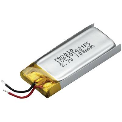 Small silver lithium-polymer battery with two wires for powering electronic devices, labelled '3.7V 108mAh'.