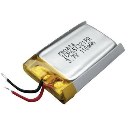 Small lithium-polymer battery with silver surface, two cables and inscription '3.7V 110mAh', suitable for compact devices.