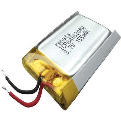 A lithium-polymer battery with electronic components, two cables (red and black) and a label displaying technical information.