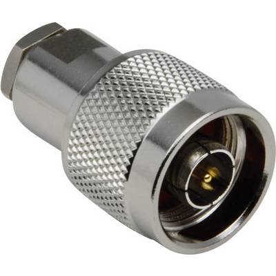 'Coaxial socket adapter, silver, with knurled surface, hexagonal base, suitable for connecting technical devices.'