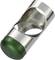 Metallic guitar slide with green plastic end, cylindrical shape, open on one side.