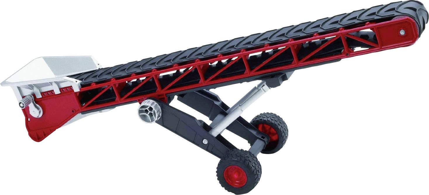 Toy conveyor belt with a red frame, black conveyor belt and adjustable metal stand on two wheels.