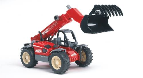 A red toy digger with a movable arm and bucket, shown against a white background.