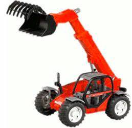 A red toy digger vehicle with four wheels and a movable arm fitted with a bucket scoop with grabbing teeth.